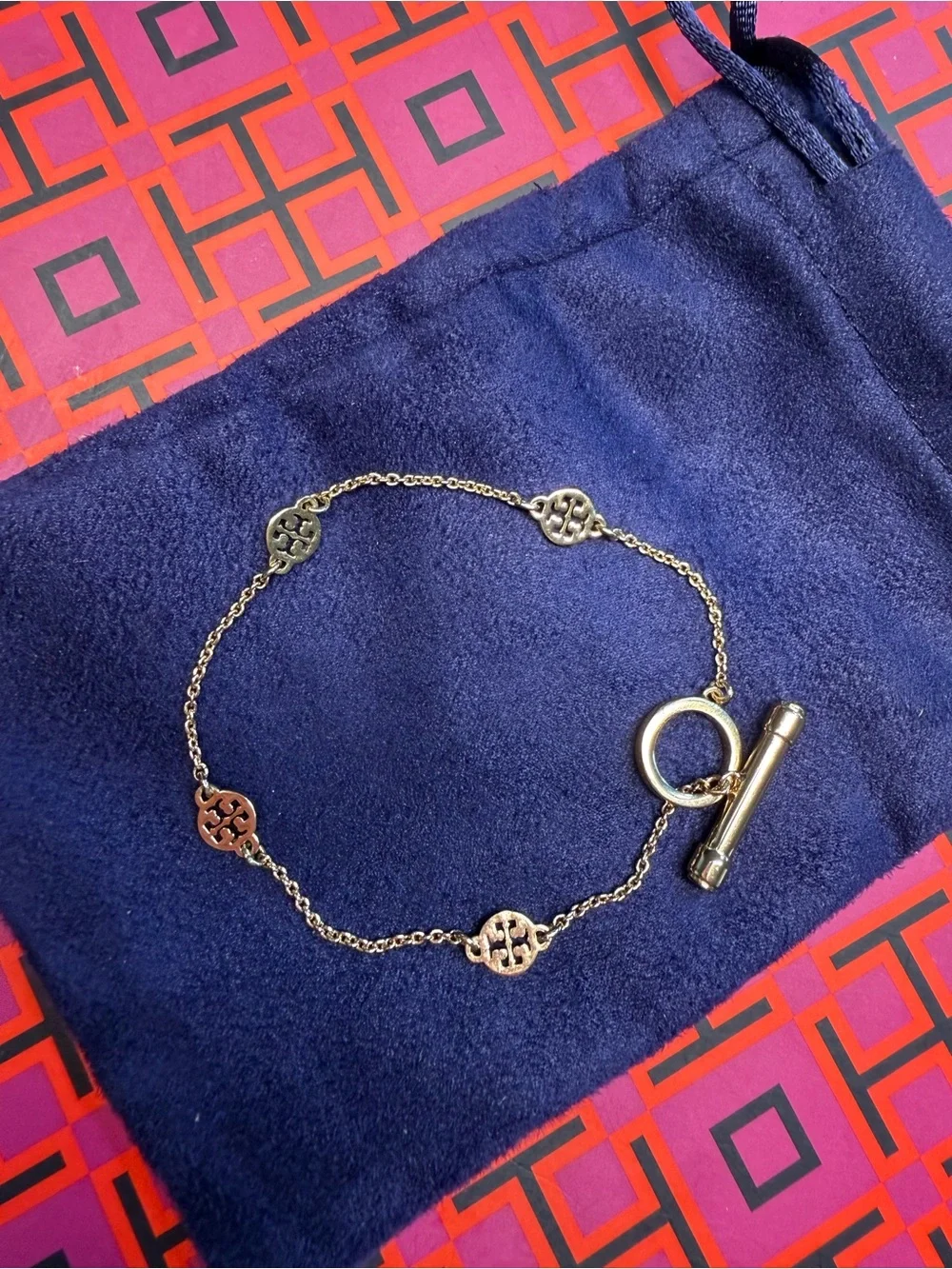 TORY BURCH Logo Station Toggle Chain Bracelet in 18k Gold Plate